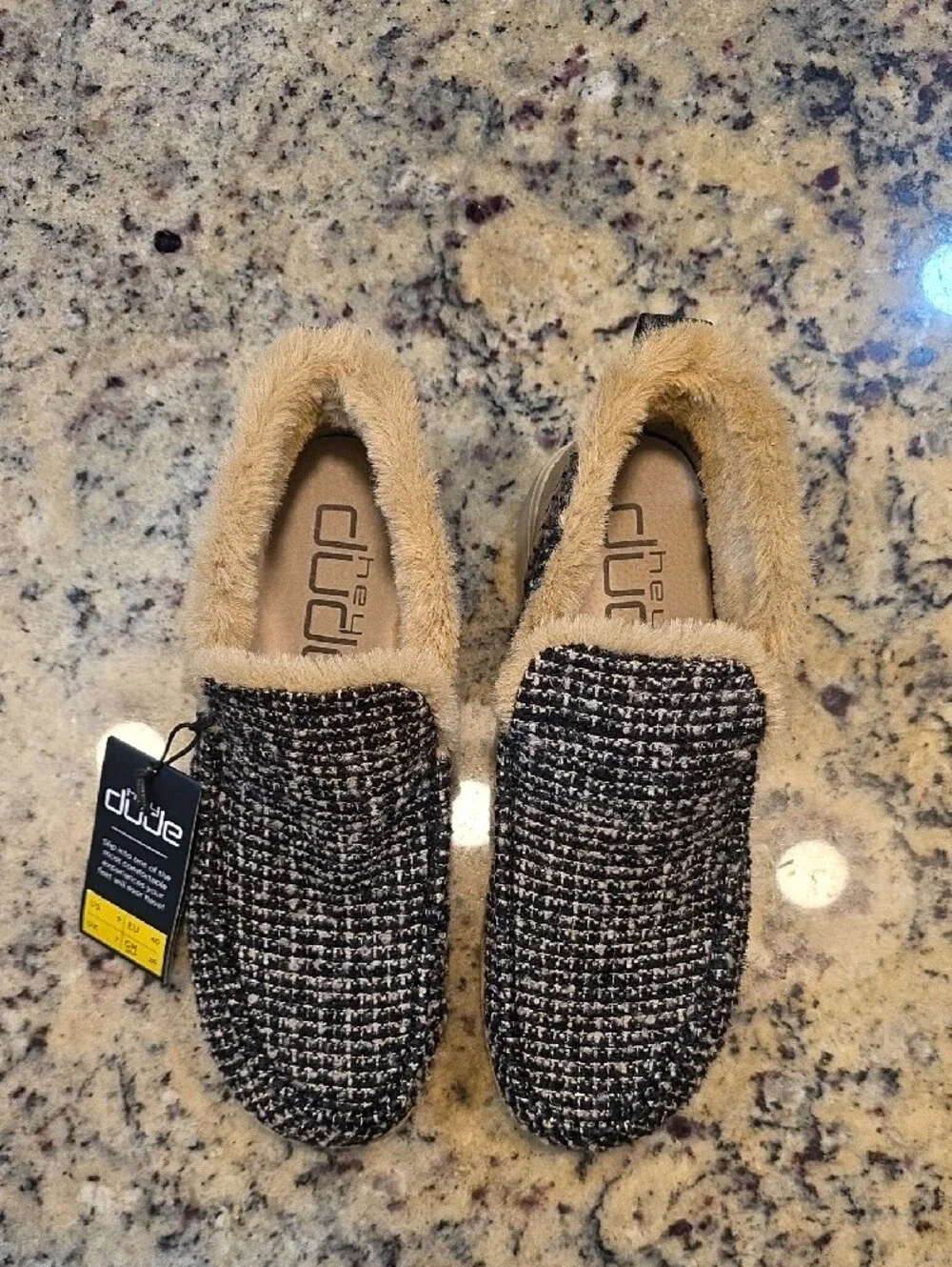 Hey Dude Black White Tan Tweed Faux-Fur Lined Ankle Booties - NWOB